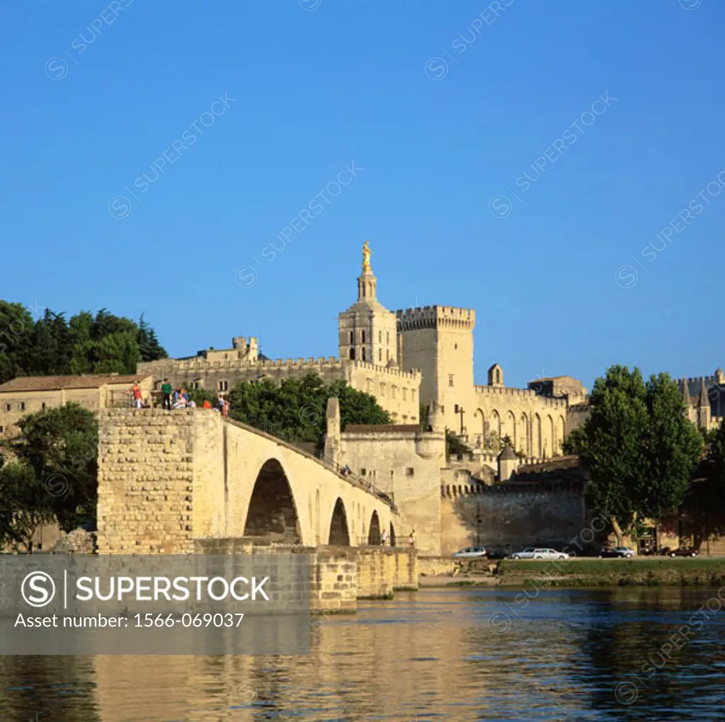 View of Avignon and Saint Benezet Bridge over the Rhone. Provence. France