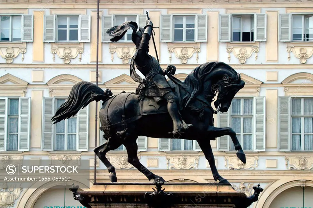 Equestrian statue of Emmanuel Philibert Iron-head, duke of Savoy at San Carlo Square. Turin. Italy