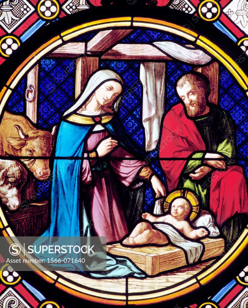 Nativity, glass window. Gothic-style Münster. Basel. Switzerland