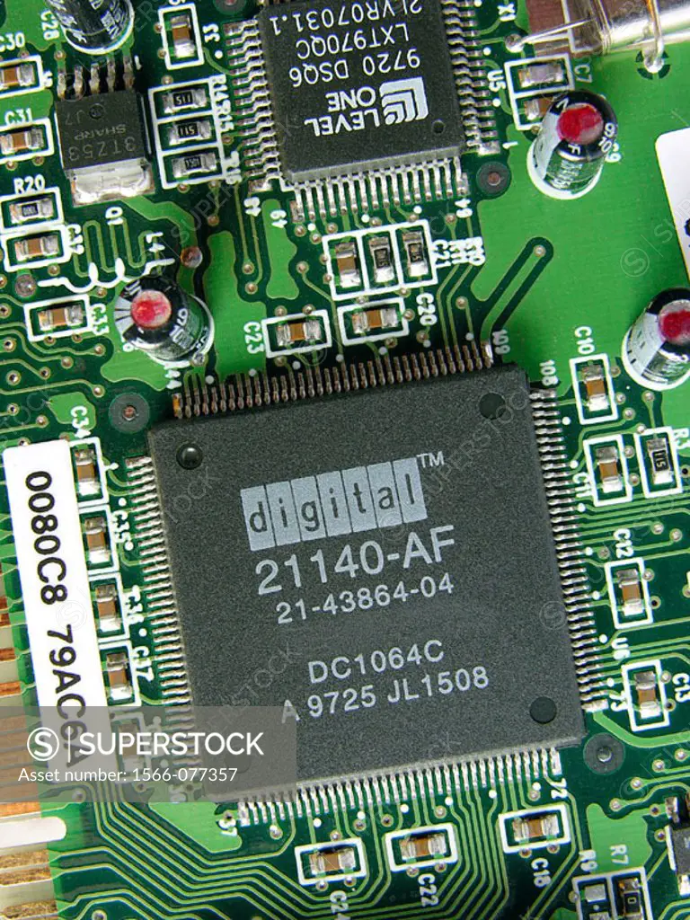 Detail of a PCI Ethernet Network controller card based on 21140-AF chip from Digital Corporation