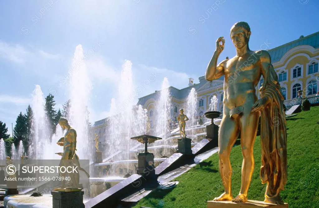 Golden statues and water works at Gran Cascade. Peterhof Park. Petrodvorets, St. Petersburg. Russia