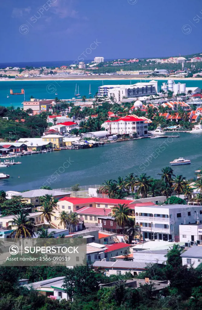 Cole Bay town and Simpson Bay Lagoon from Cole Bay Hill. Sint Maarten Island. Netherlands Antilles