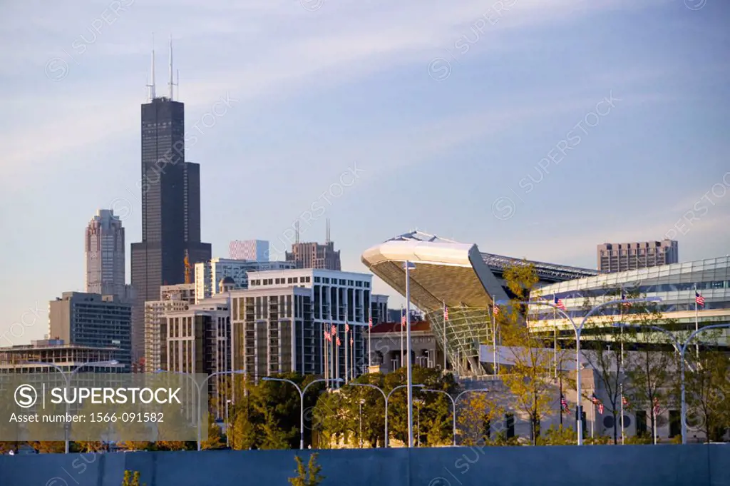 Sears Tower, Loop buildings and Soldier Field in late afternoon. Chicago. Illinois, USA