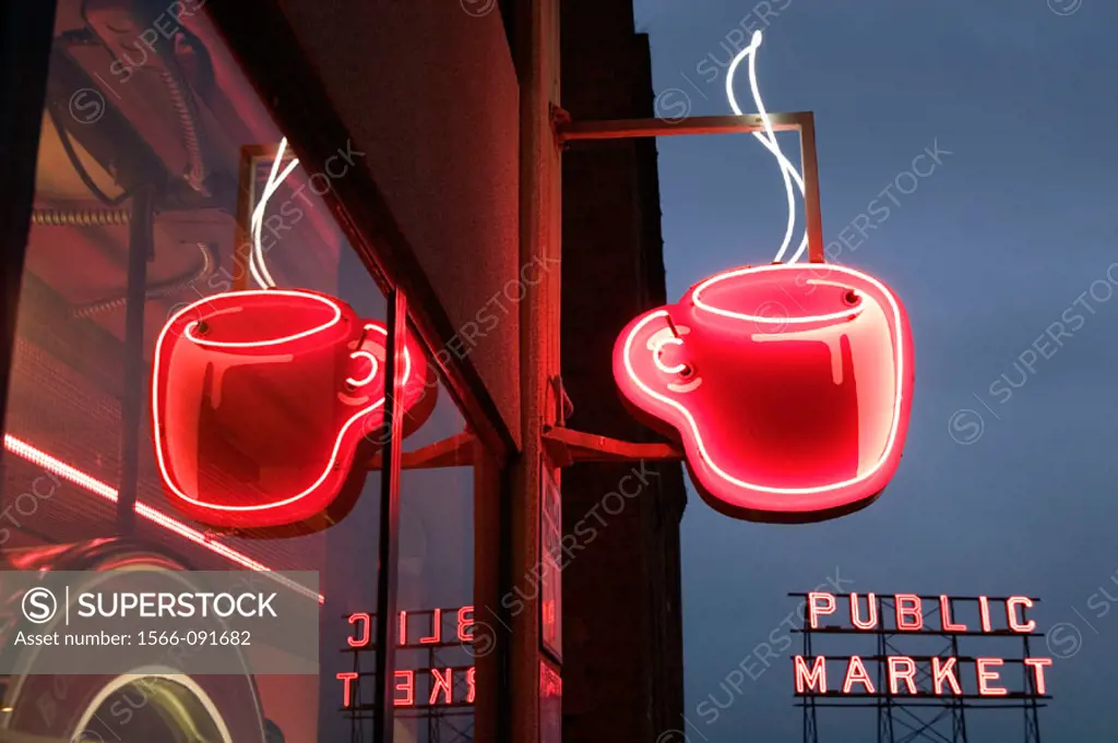 Neon coffee cup sign at evening, Pike Place Market. Seattle. Washington, USA