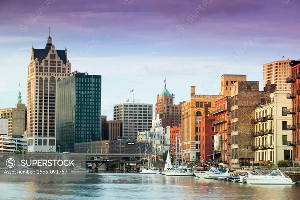 Downtown & Milwaukee River riverwalk from historic Third Ward. Milwaukee. Wisconsin, USA