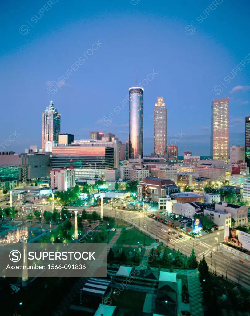 Downtown skyline at evening from CNN center. Atlanta. Georgia, USA