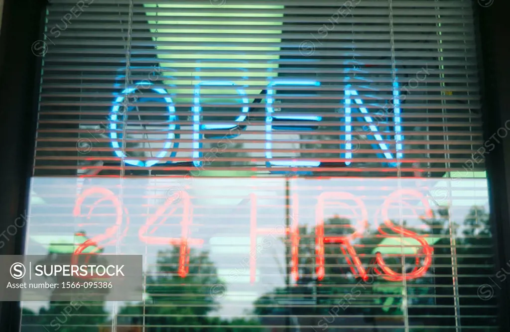 neon ´Open 24 Hrs´ sign in window, blue and orange, Indiana, USA