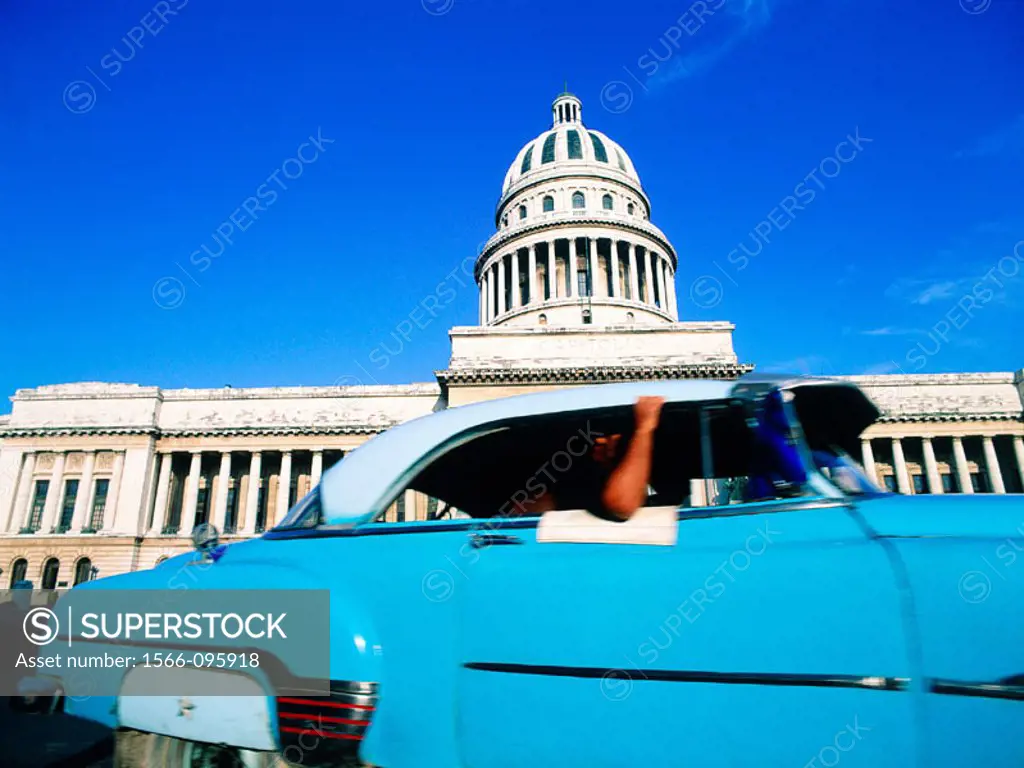 Cuba, Havana, Capitol. Old American car