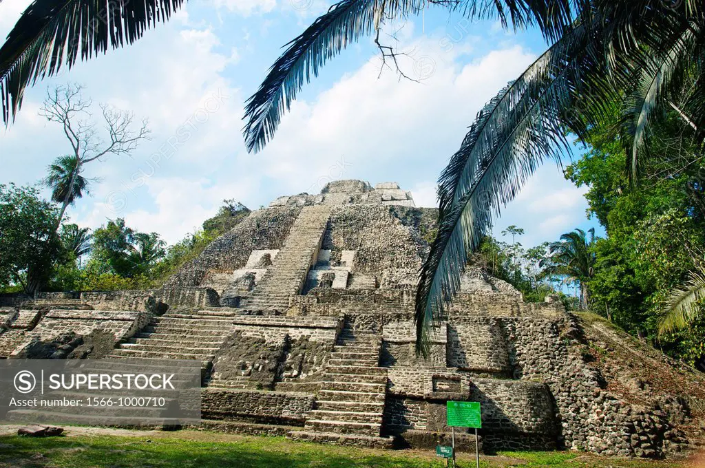 Structure N10-43, also known as El Castillo Maya temple ruins at Lamanai 300BC - 1500AD Lamanai Belize.