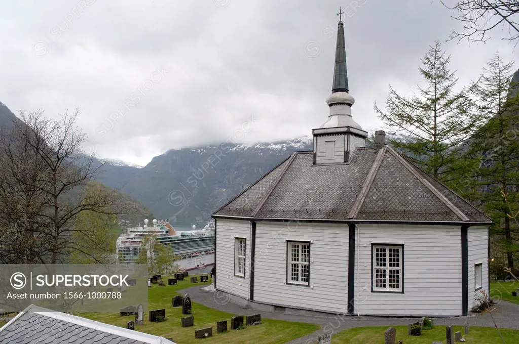 A church up the hill in Geiranger town, Norway