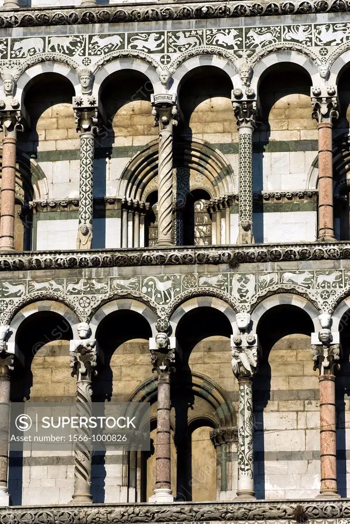 San Michele in Foro Church  Detail of Facade  Lucca, Tuscany, Italy