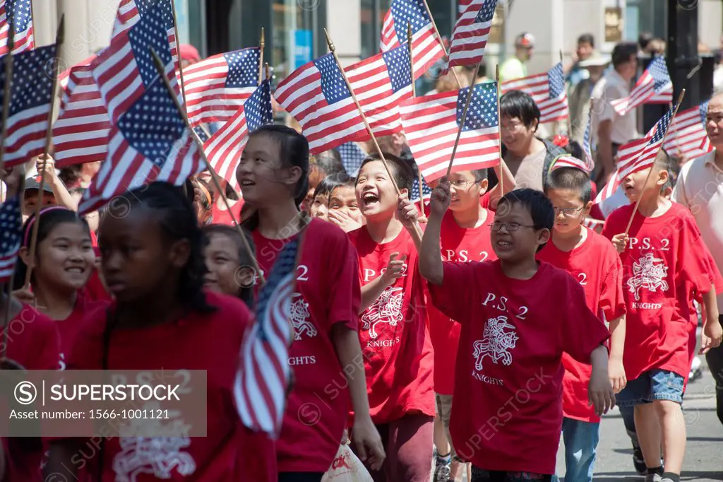 Students from Chinatown march in the annual Flag Day Parade on Thursday, June 14, 2012, starting at New York City Hall Park Flag Day, was created by p...