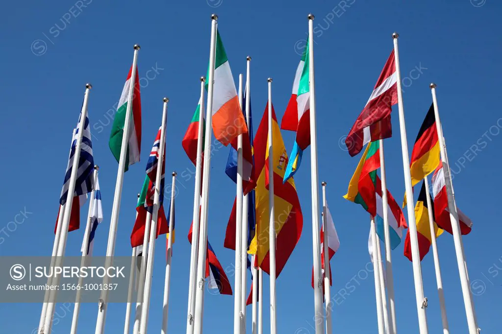 Flags in the European Union Square, Torremolinos, Malaga, Andalucia, Spain
