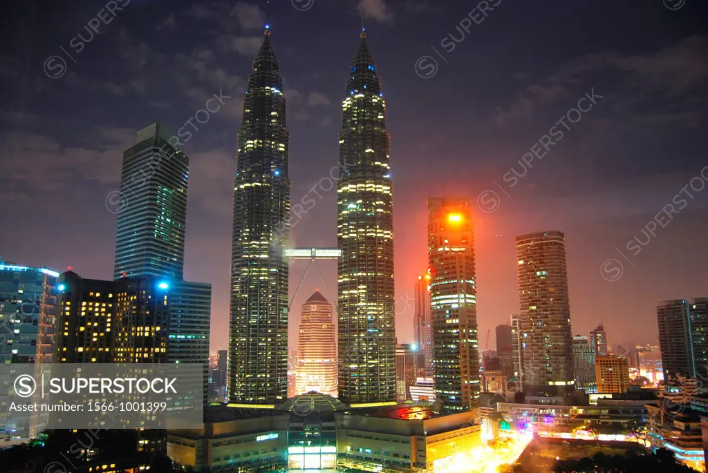 Night View of the Petronas Towers in Kuala Lumpur Malaysia