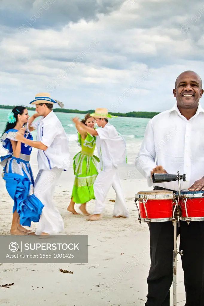 Dancing on the beach, Hotel Occidental Royal Hideaway Ensenachos, Cayo Ensenachos, near Cayo Santa Maria, Cayerias del Norte, Cuba.
