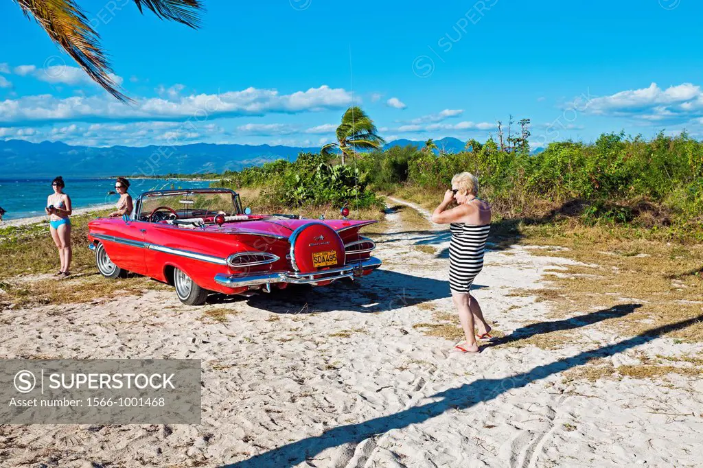 Ancon beach, Classic car, Trinidad city, Sancti Spiritus Province, Cuba.