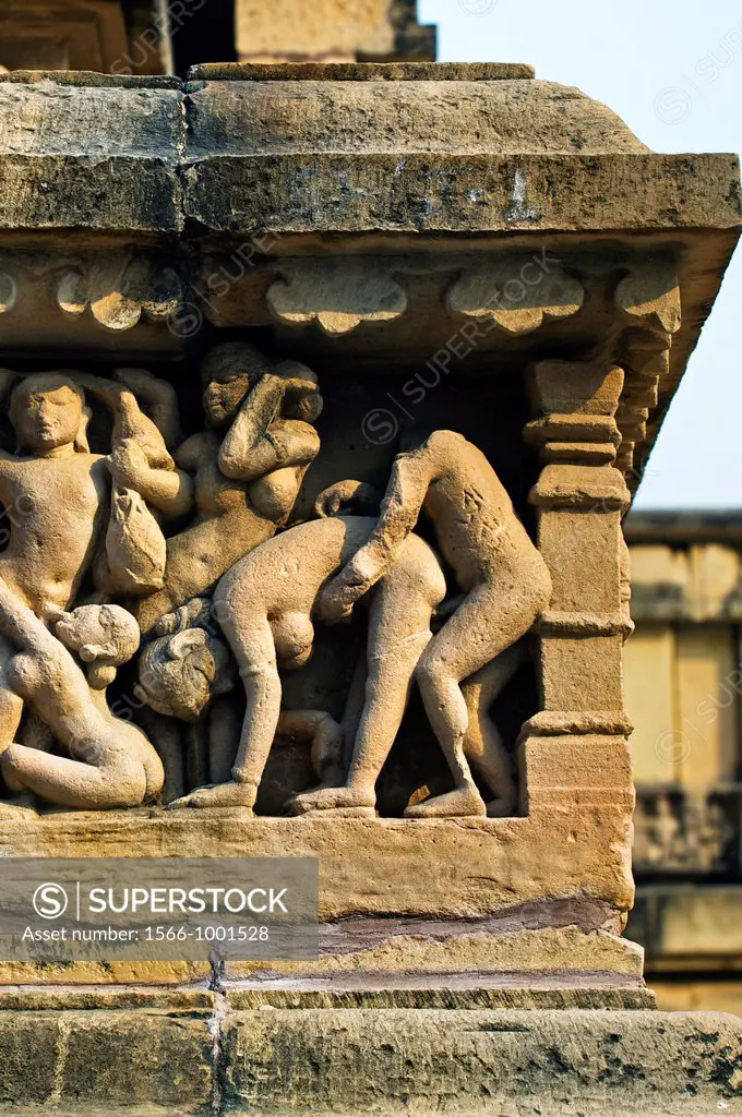 Erotic sculptures on Lakshmana Temple dedicated to Vishnu is built by chandella ruler Vasovarman Between 930-950 AD , Khajuraho, Madhya Pradesh, India...