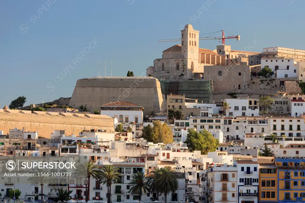 Spain, Balearic Islands, Ibiza, view of Ibiza old town UNESCO site, and Dalt Vila