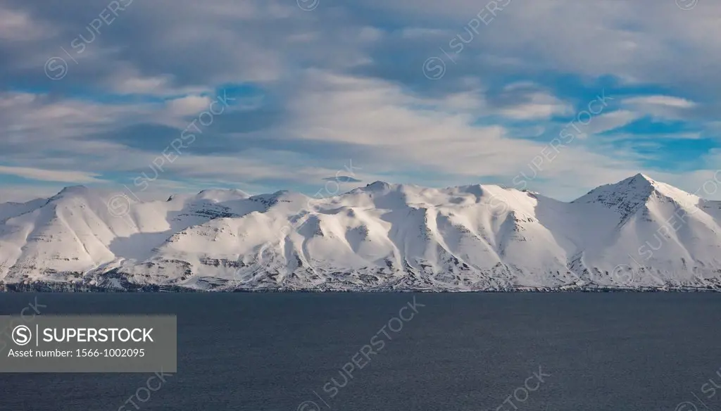 Eyjafjordur fjord with snow capped mountains, Northern Iceland