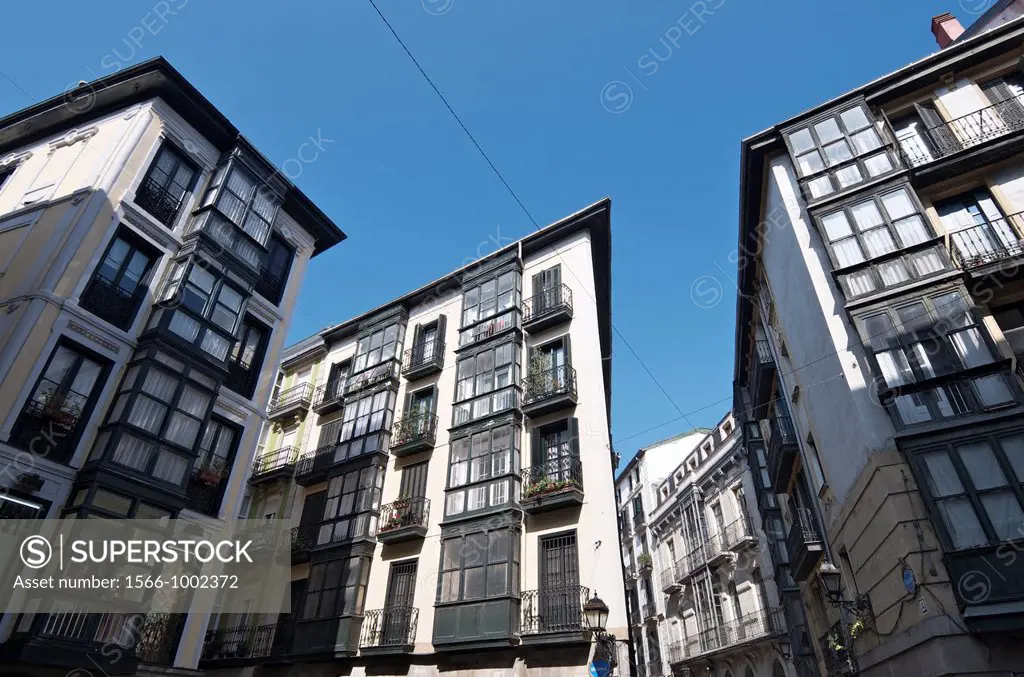 view of the facade of one of the typical buildings of the old town of Bilbao, Biscay, Basque Country, Spain