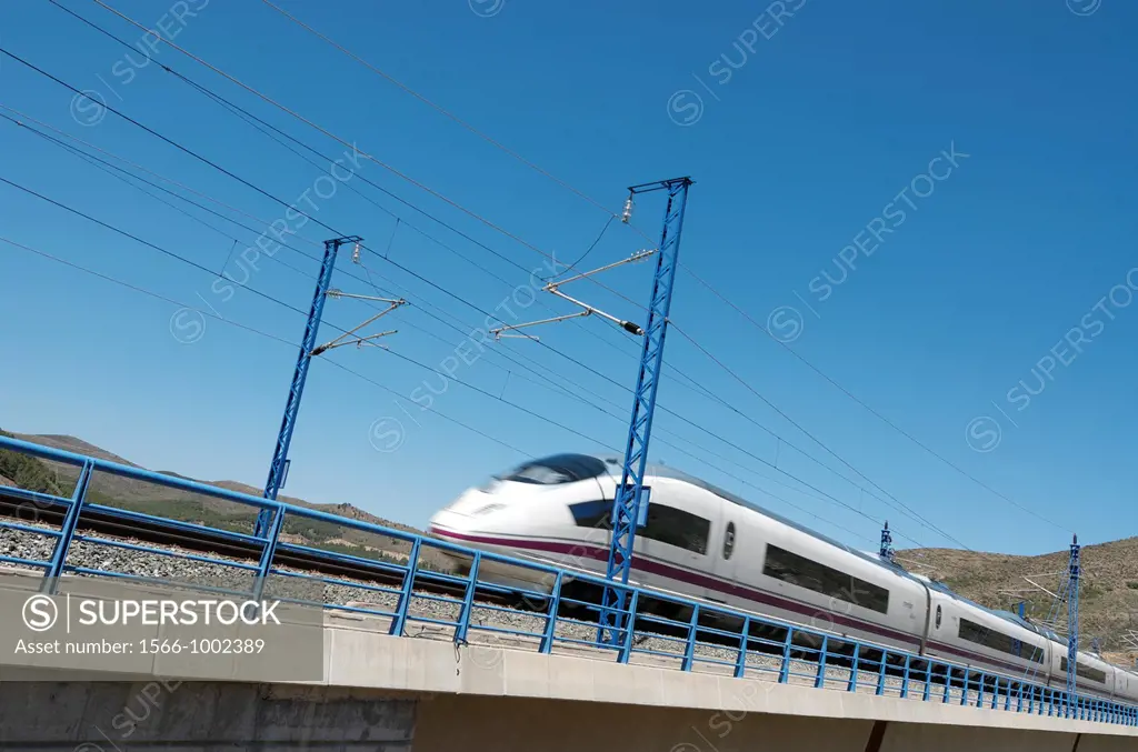 view of a high-speed train crossing a viaduct in Bubierca, Saragossa, Aragon, Spain, AVE Madrid Barcelona