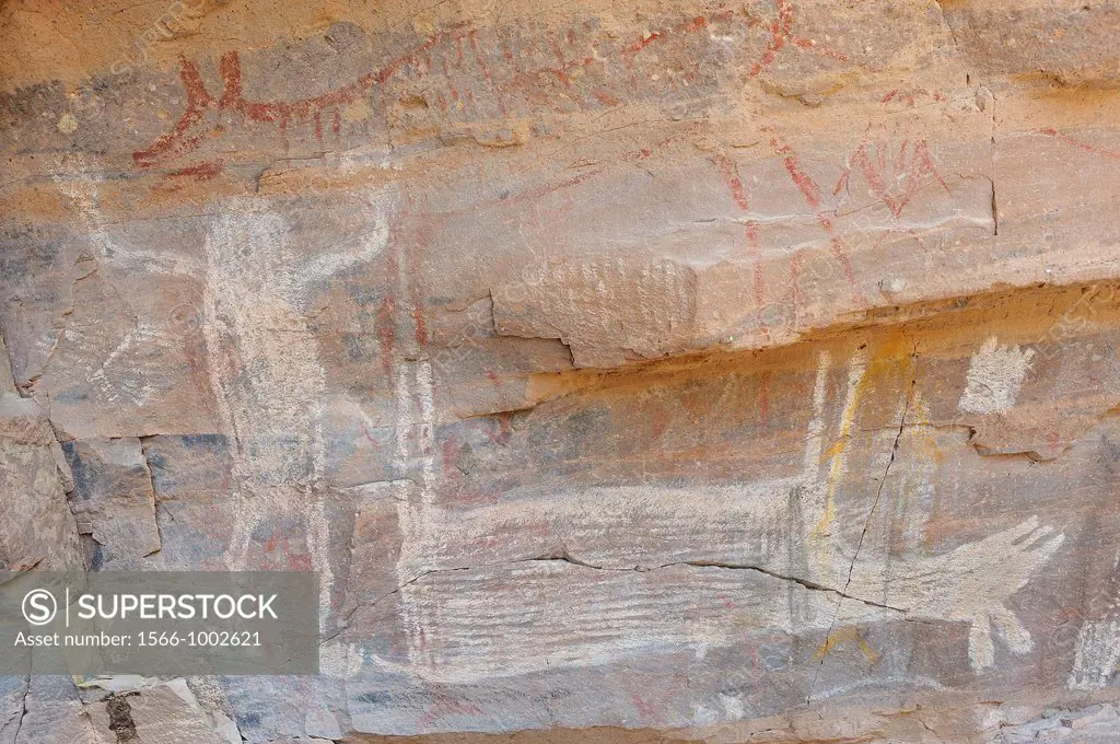 Mexico, Baja California, Mulege surroundings, Canyon La Trinidad, Pre Columbian rock paintings, Shaman and dead deer