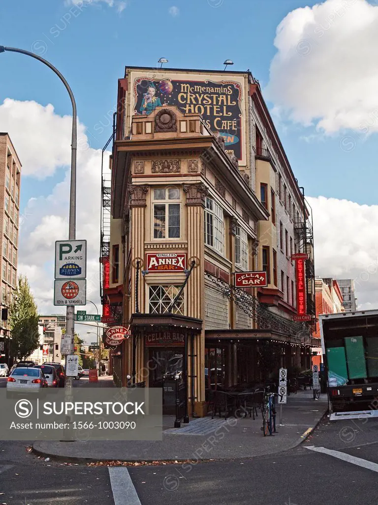 The Crystal hotel with bars and cafes in this narrow building is a Portland, Oregon landmark The building was constructed in 1911 and is on the Nation...