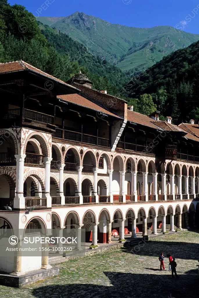 the courtyard and the arked outer corridors of Rila Monastery, Bulgaria, Europe