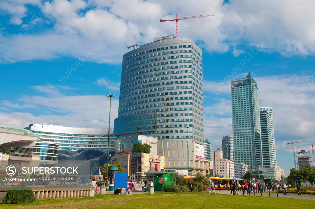Office buildings and shopping centres next to the Palace of Culture and Science in Srodmiescie the central Warsaw Poland Europe