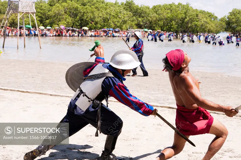 Spaniards attacking at the Battle of Mactan reenactment or Kadaugan Festival  The Battle of Mactan was fought in the Philippines on April 27, 1521  Th...