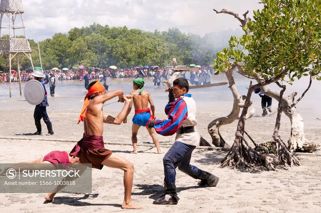 Spaniards attacking at the Battle of Mactan reenactment or Kadaugan Festival  The Battle of Mactan was fought in the Philippines on April 27, 1521  Th...