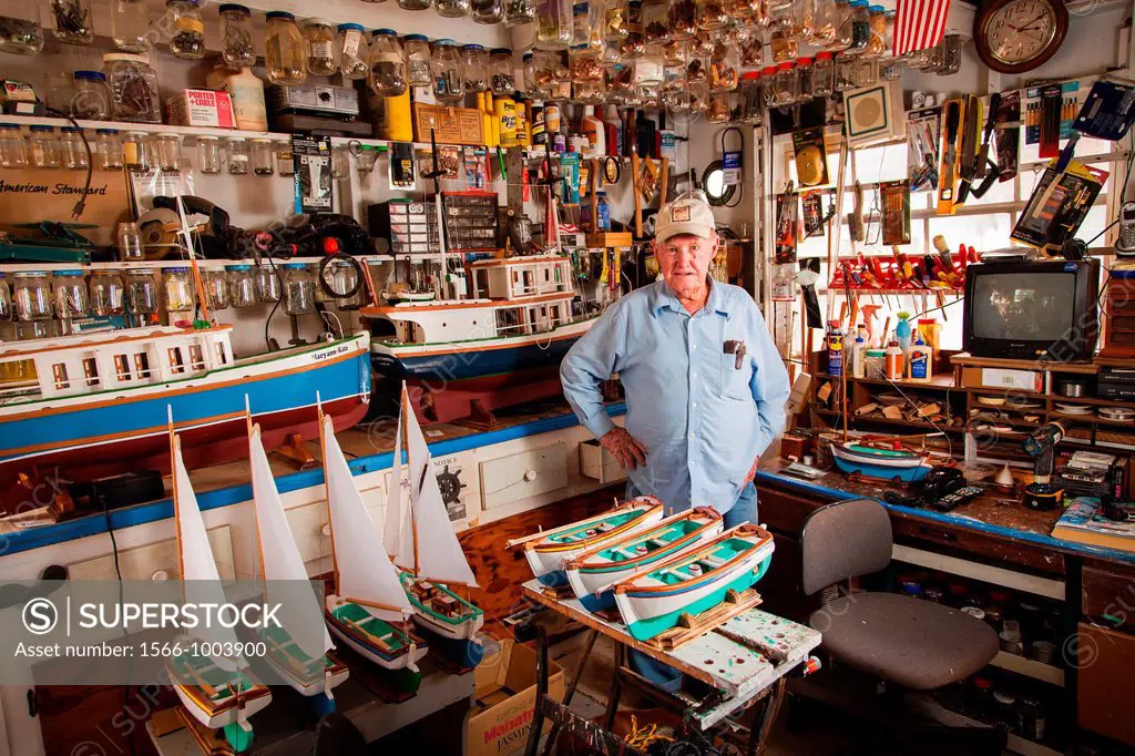 Portrait of Vert Lowe master maker of ship models at his shop on Green Turtle Cay, Bahamas  Master modeler Vert Lowe produces scaled replicas of two-m...