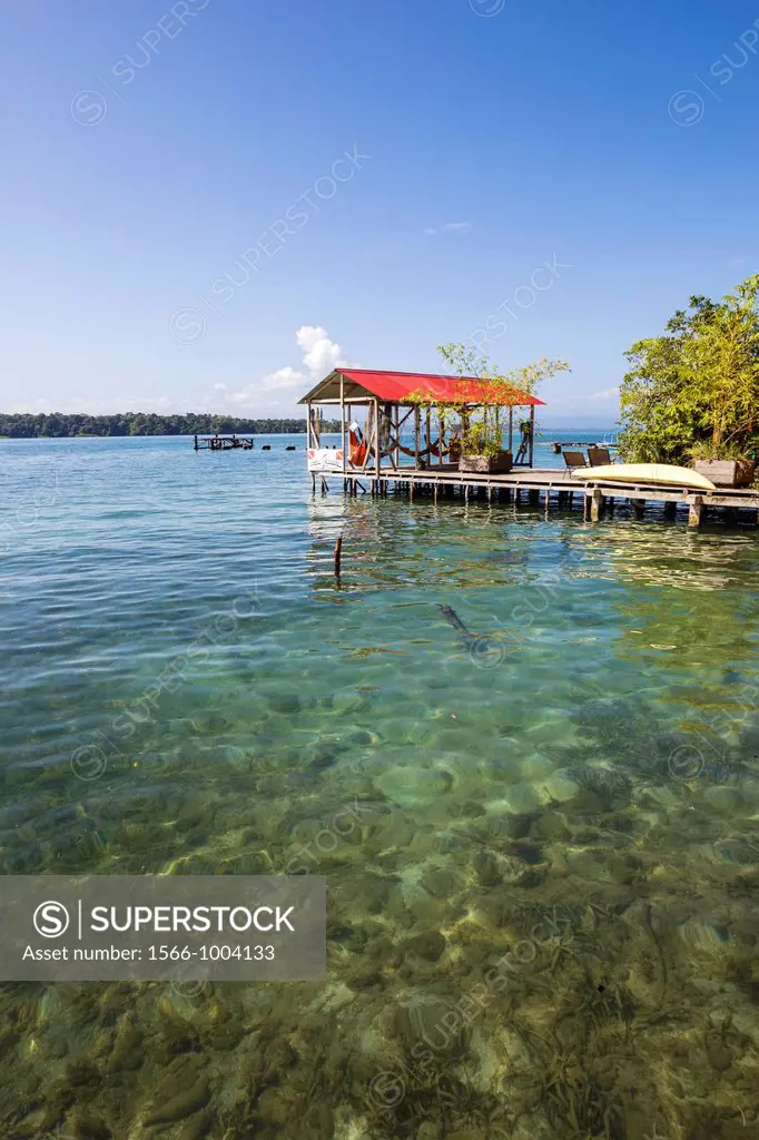 Wooden pier and turquise sea in the historic town of Old Bank on Isla Bastimentos, Bocas del Toro, Panama