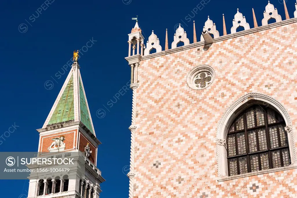 Close up of the facade of the Doge´s Palace Palazzo Ducale and the campanile, Venice, Italy, Europe