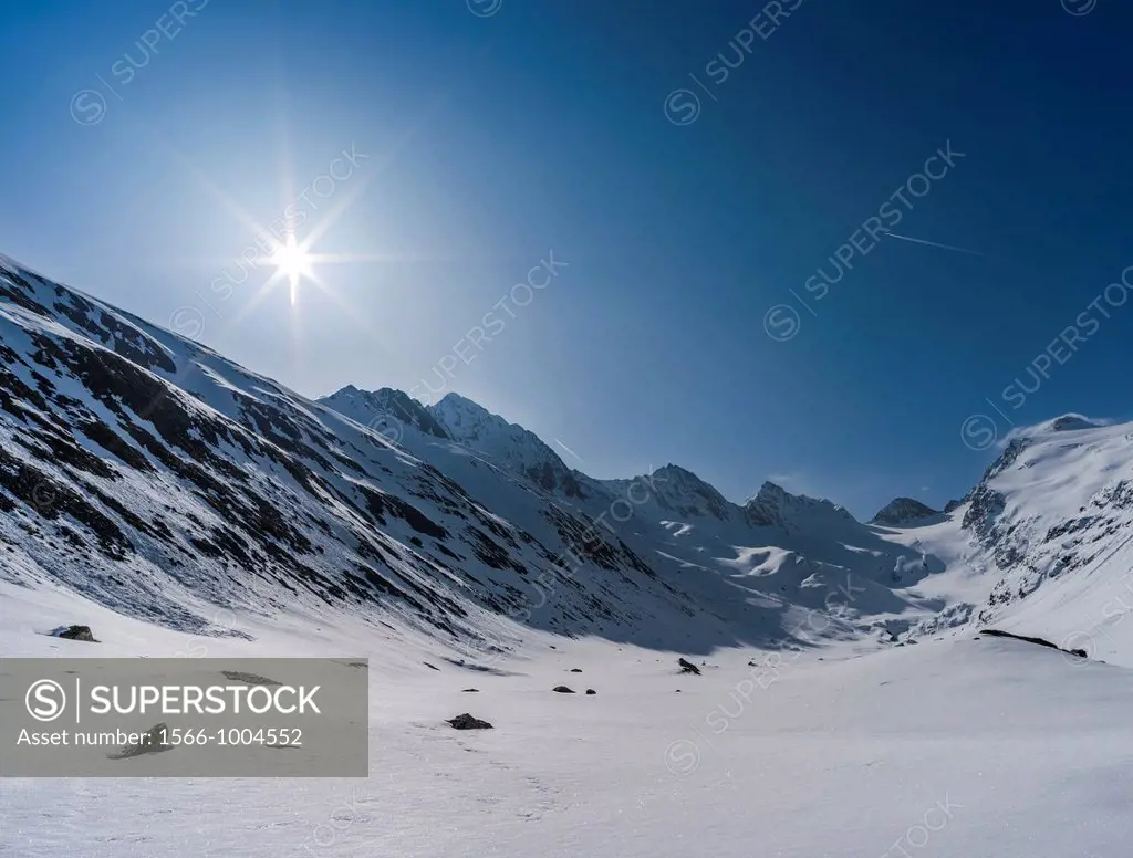 Valley Rotmoostal in Oetztal Alps during winter with ice and snow near Gurgl, Tyrol Europe, Central Europe, Austria, Tyrol, March