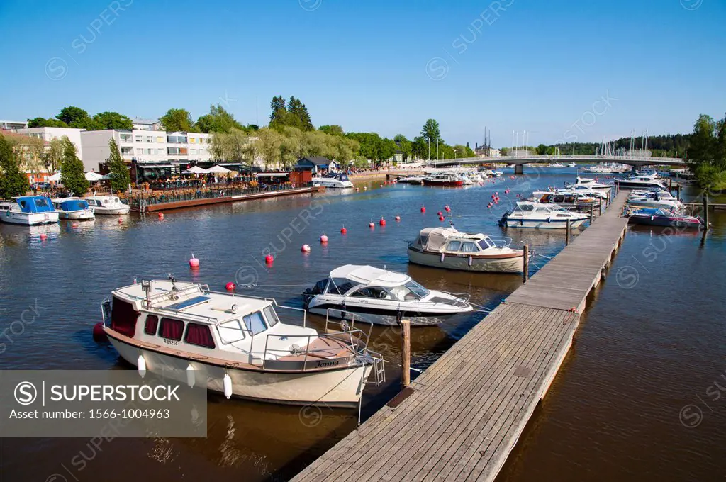 Private boats anchored in Porvoonjoki riverside Porvoo Uusimaa province Finland northern Europe