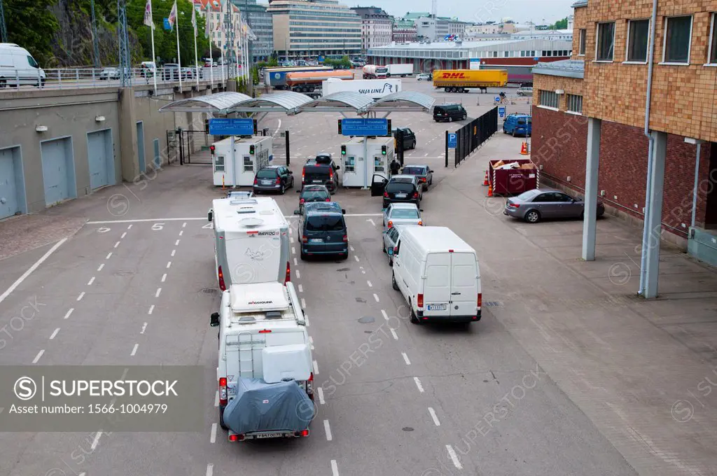 Vehicles moving towards ferry to Stockholm at Olympiaterminaali ferry terminal Eteläranta area central Helsinki Finland Europe