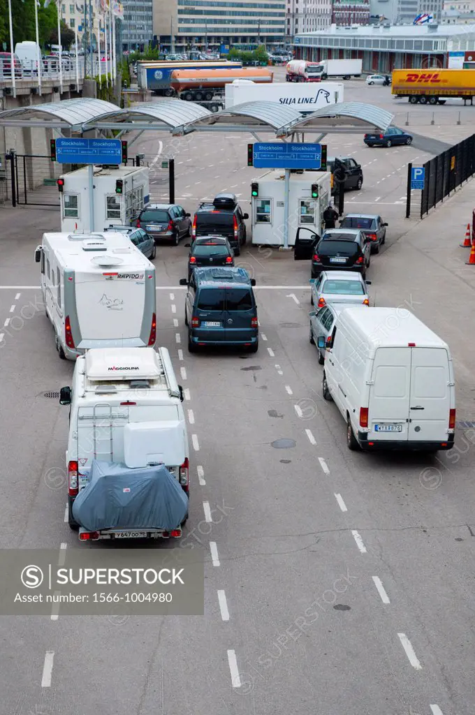 Vehicles moving towards ferry to Stockholm at Olympiaterminaali ferry terminal Eteläranta area central Helsinki Finland Europe
