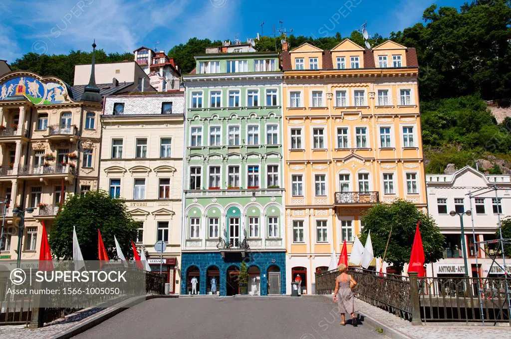 Vridelni riverside street central Karlovy Vary spa town Czech Republic Europe