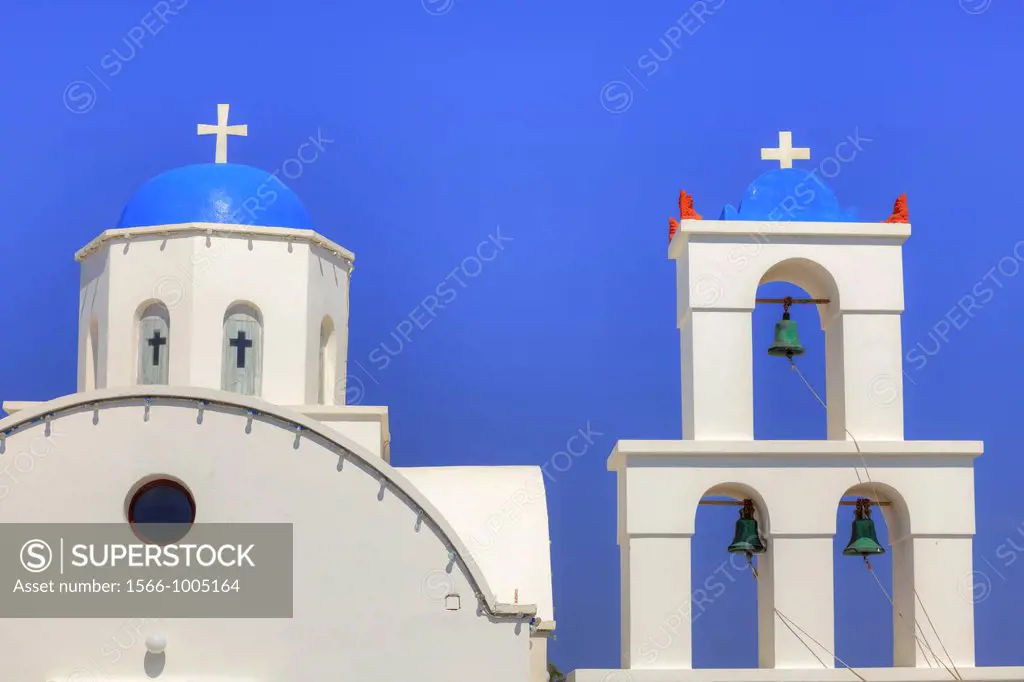 a church with a bell tower on Santorini, Greece