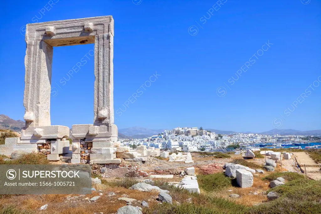 Temple of Naxos, Greece, in the background the Chora of Naxos