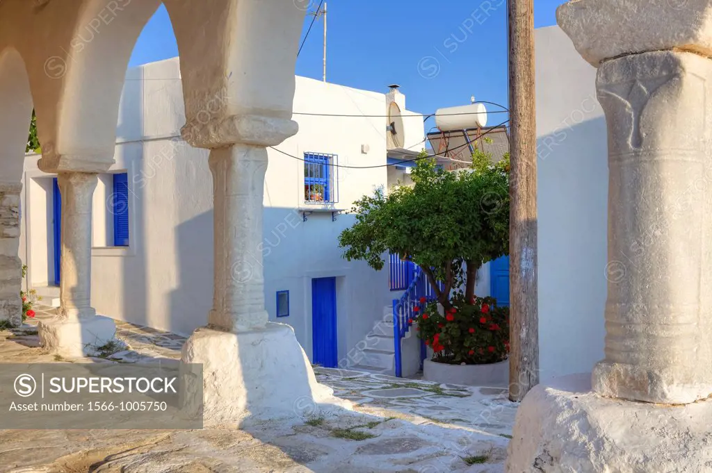 View through the pillars of the church of Agios Konstantinos on the Castro district in Paros, Cyclades, Greece