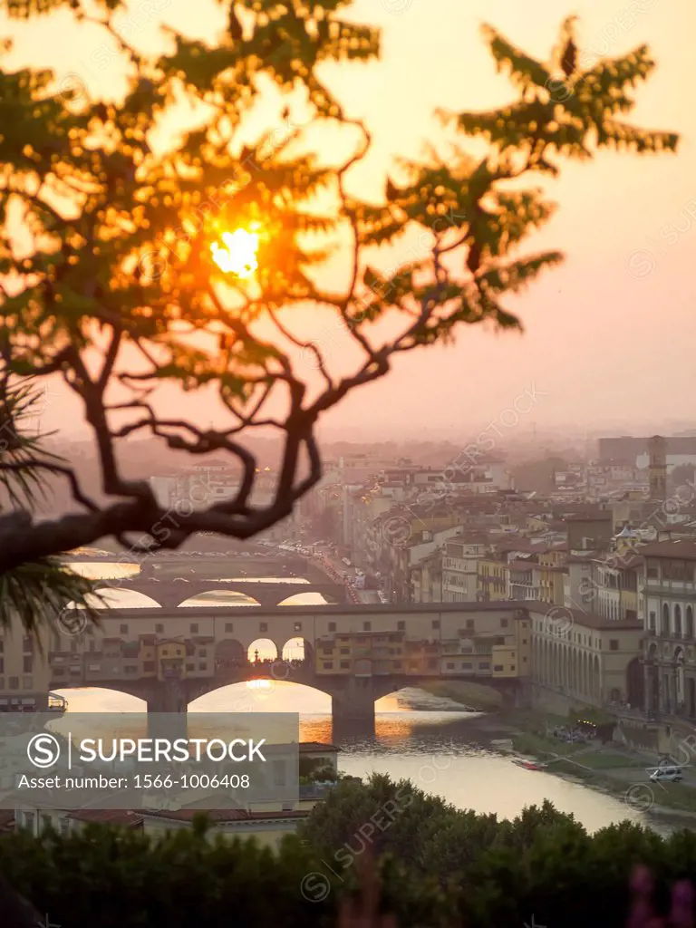 europe, italy, tuscany, florence, sunset and ponte Vecchio bridge