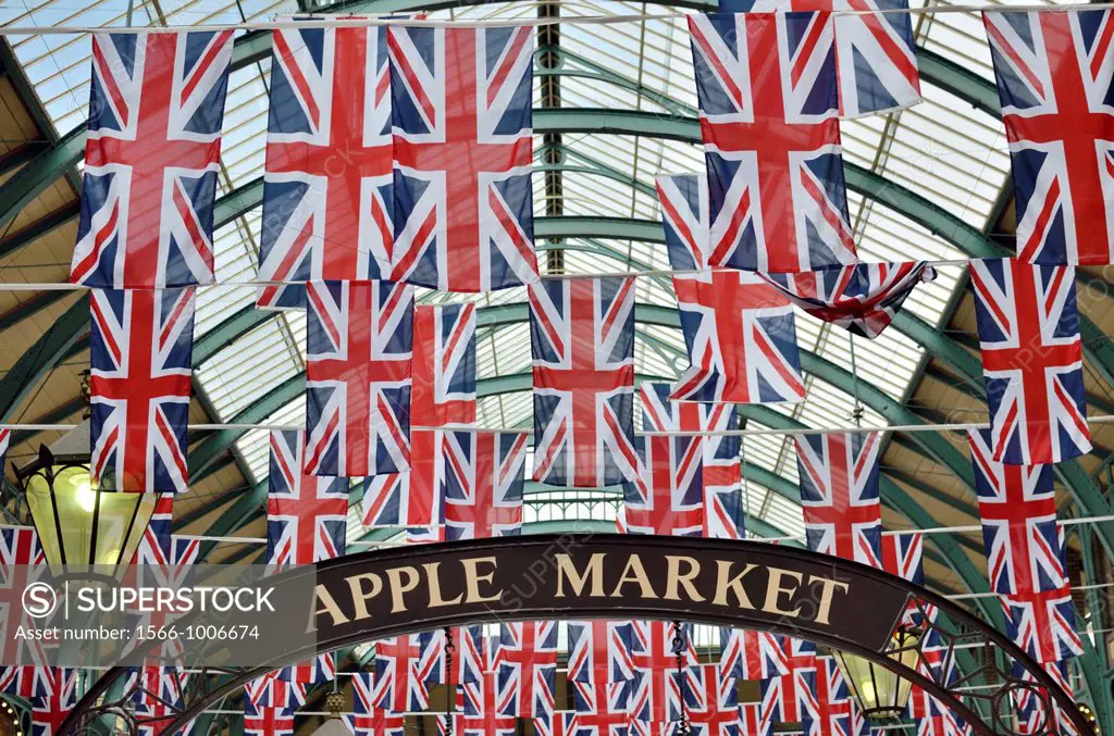 Union Jack flags in the former Covent Garden Market building, London, UK