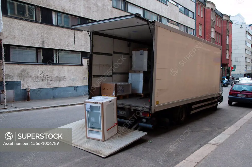Van delivering household elecrical appliances central Helsinki Finland Europe