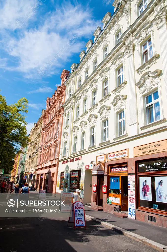 Nabrezi Jana Palacha street with lots of souvenir and gift shops Karlovy Vary spa town Czech Republic Europe