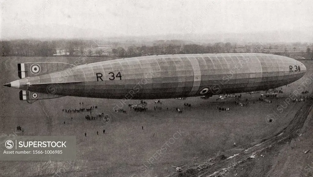 The R34 rigid airship  The first aircraft to make an East-to-West crossing of the Atlantic Ocean on 6 July 1919  From The Year 1919 Illustrated