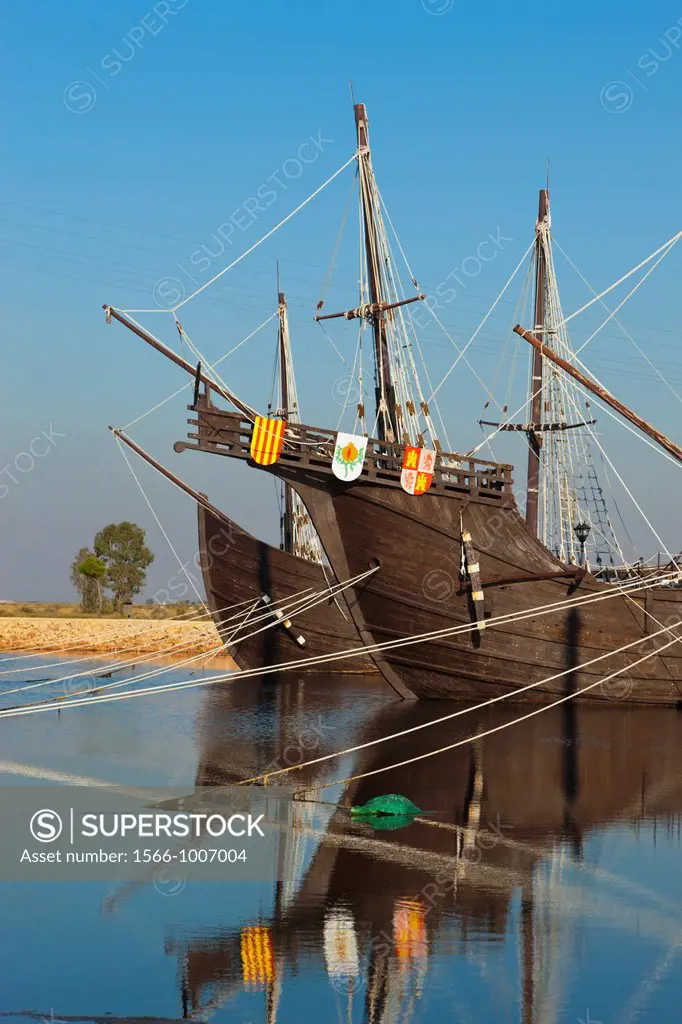 Replicas of the ships Columbus sailed to the Americas in at El Muelle de las Carabelas, or The Wharf of the Caravels at Palos de la Frontera, Huelva P...
