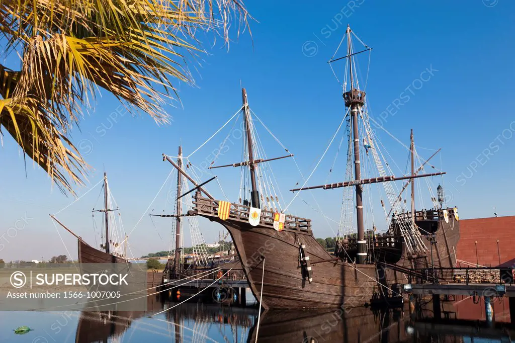 Replicas of the ships Columbus sailed to the Americas in at El Muelle de las Carabelas, or The Wharf of the Caravels at Palos de la Frontera, Huelva P...