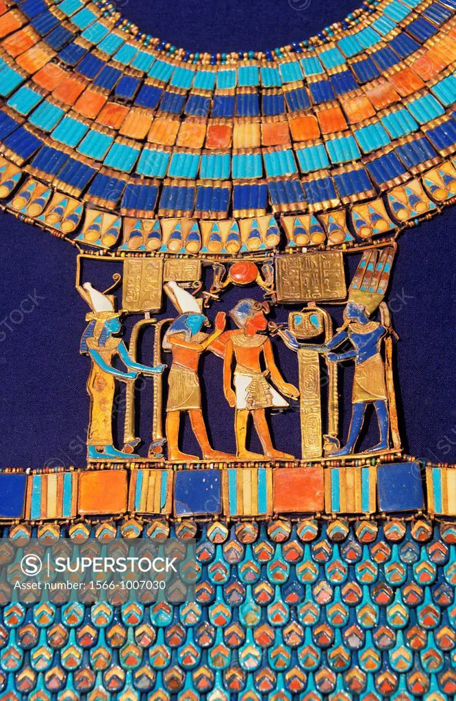 Pectoral, The god Amun-Re receives the pharaoh, Tutankhamun treasure, Museum of Egyptian Antiquities, Cairo, Egypt,